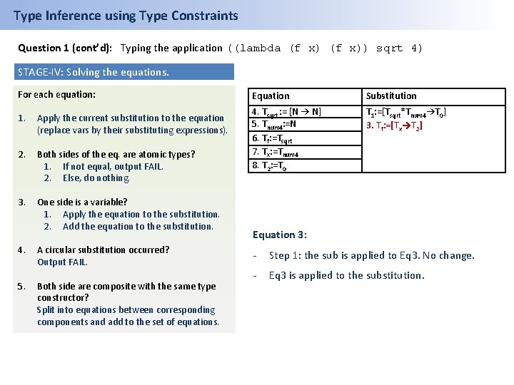 Type Inference using Type Constraints Question 1 (cont’d): Typing the application ((lambda (f x))