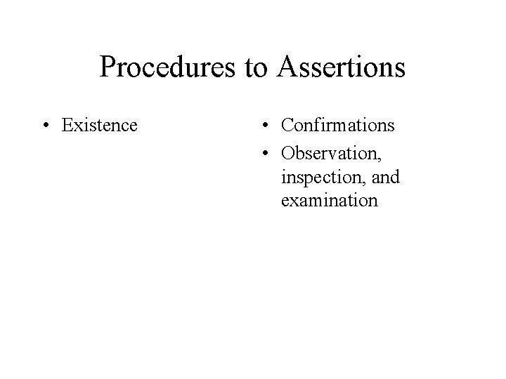 Procedures to Assertions • Existence • Confirmations • Observation, inspection, and examination 