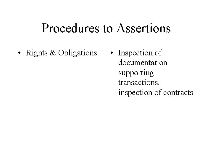 Procedures to Assertions • Rights & Obligations • Inspection of documentation supporting transactions, inspection