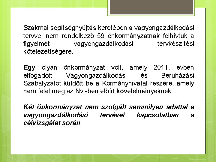 Szakmai segítségnyújtás keretében a vagyongazdálkodási tervvel nem rendelkező 59 önkormányzatnak felhívtuk a figyelmét vagyongazdálkodási