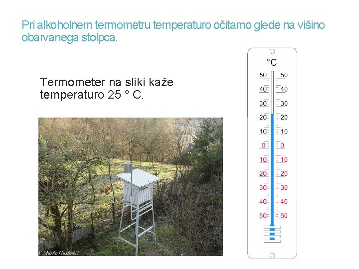 Pri alkoholnem termometru temperaturo očitamo glede na višino obarvanega stolpca. Termometer na sliki kaže