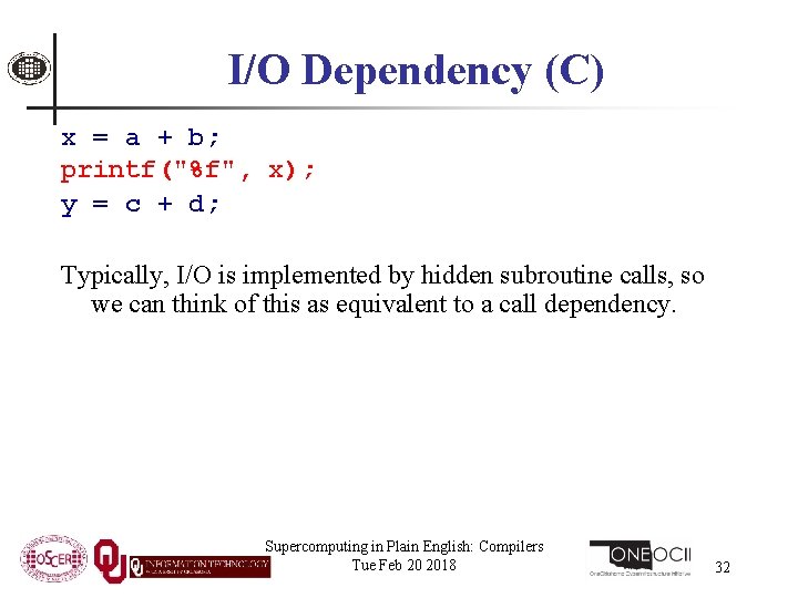 I/O Dependency (C) x = a + b; printf("%f", x); y = c +