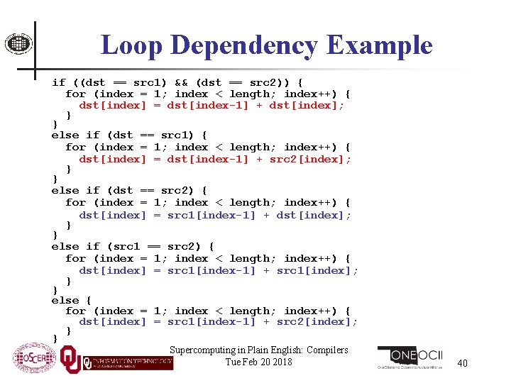Loop Dependency Example if ((dst == src 1) && (dst == src 2)) {