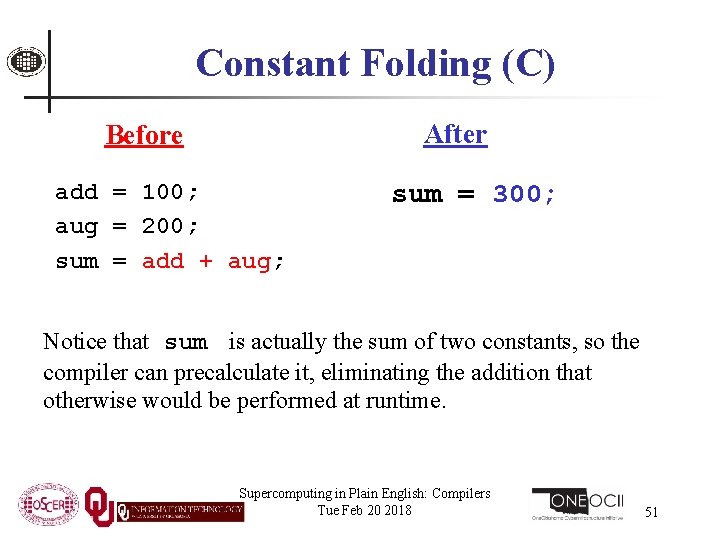 Constant Folding (C) After Before add = 100; aug = 200; sum = add