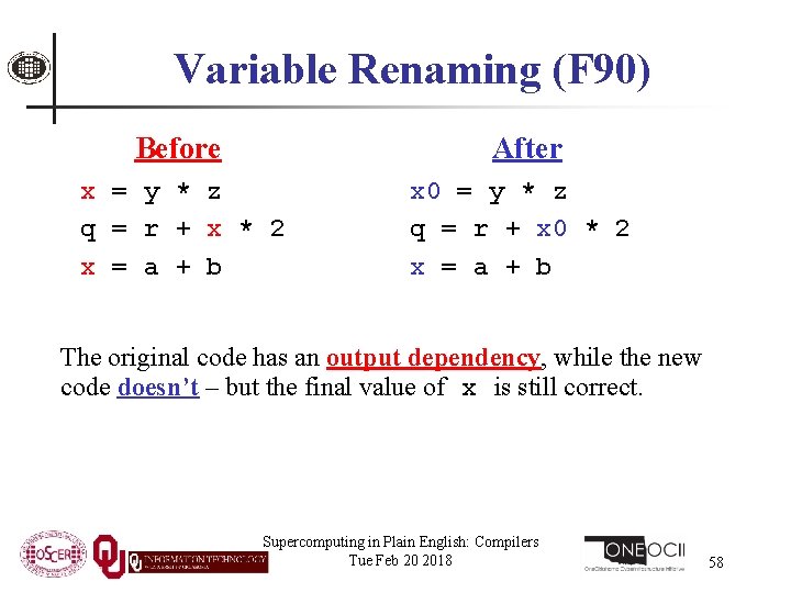 Variable Renaming (F 90) Before After x = y * z q = r