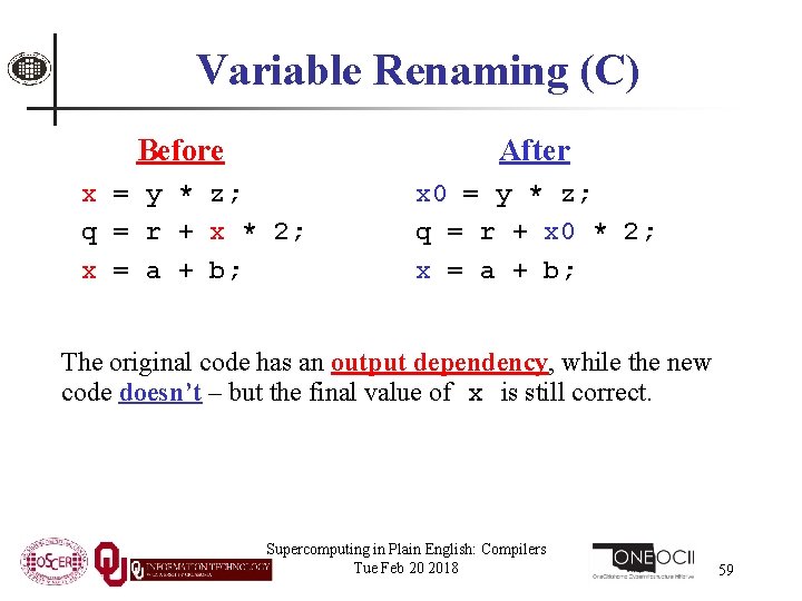 Variable Renaming (C) Before After x = y * z; q = r +