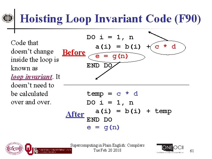 Hoisting Loop Invariant Code (F 90) DO i = 1, n Code that a(i)