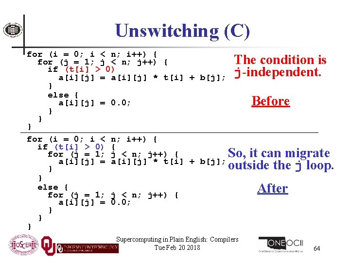 Unswitching (C) for (i = 0; i < n; i++) { The condition is