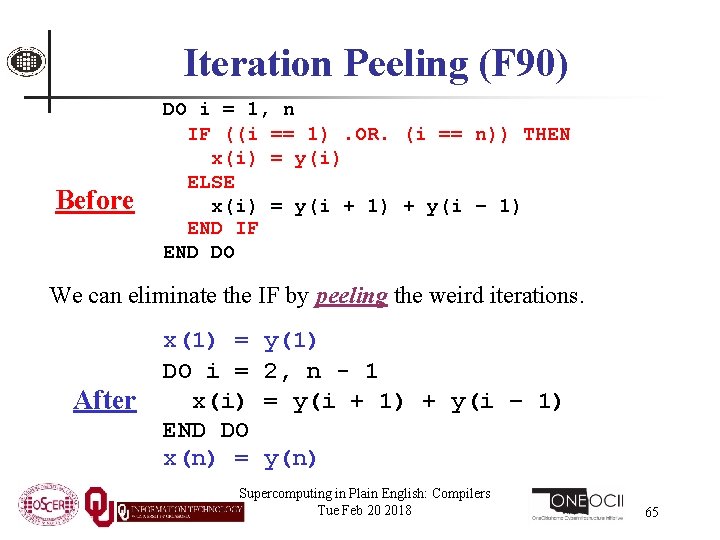 Iteration Peeling (F 90) Before DO i = 1, n IF ((i == 1).