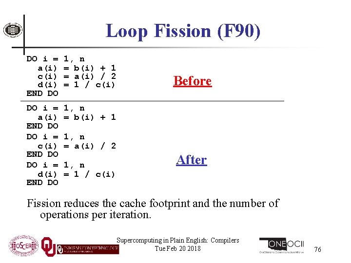 Loop Fission (F 90) DO i = a(i) c(i) d(i) END DO 1, n