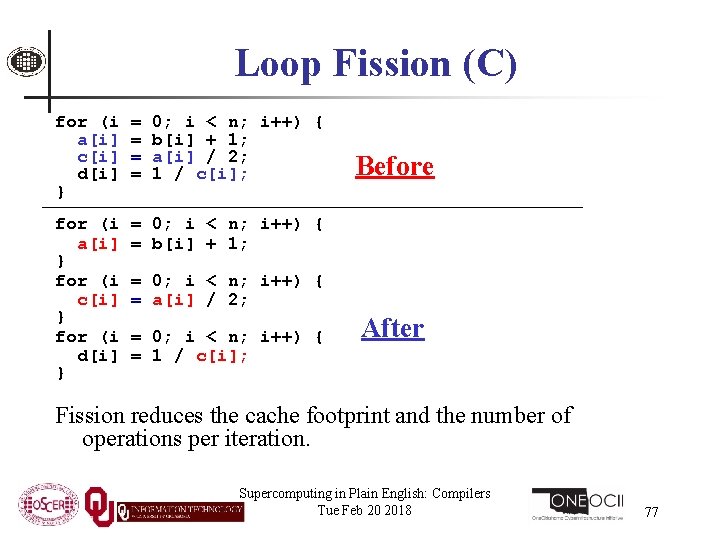 Loop Fission (C) for (i a[i] c[i] d[i] } = = 0; i <