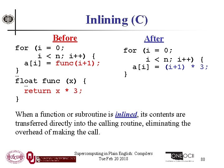 Inlining (C) Before for (i = 0; i < n; i++) { a[i] =