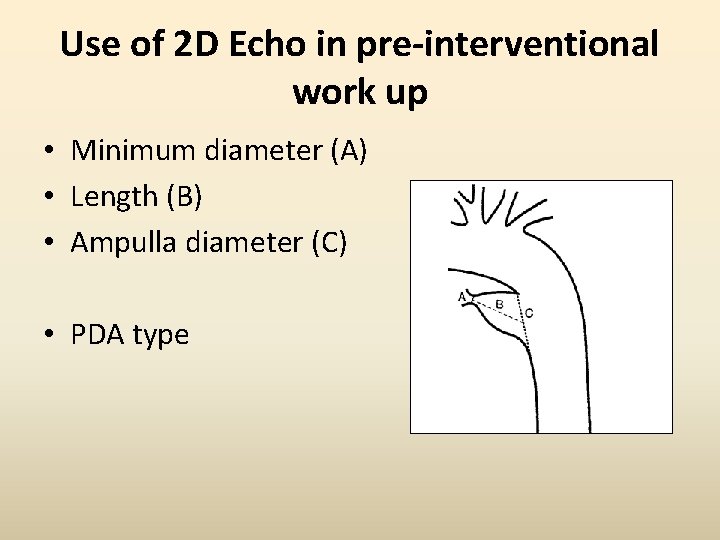 Use of 2 D Echo in pre-interventional work up • Minimum diameter (A) •