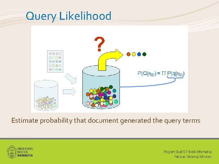 Query Likelihood Estimate probability that document generated the query terms 