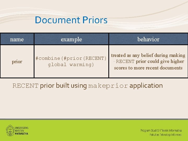 Document Priors name example behavior prior #combine(#prior(RECENT) global warming) treated as any belief during