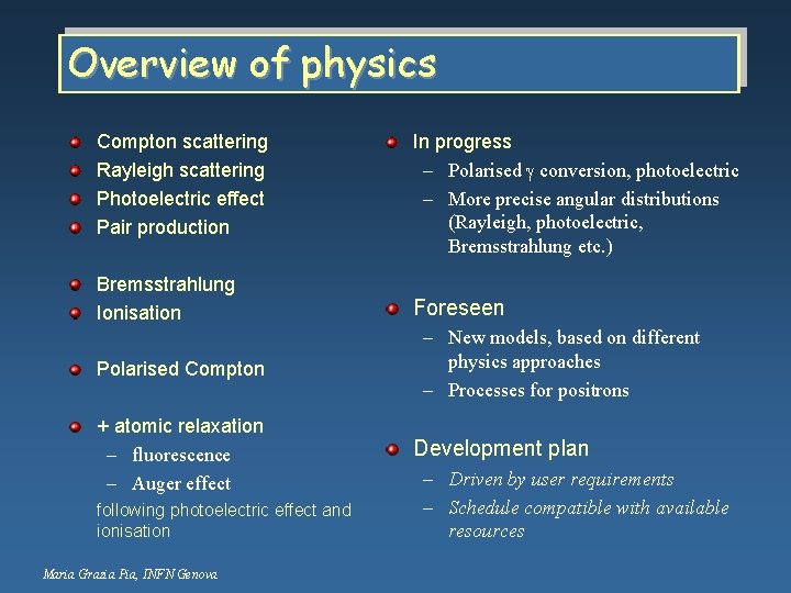 Overview of physics Compton scattering Rayleigh scattering Photoelectric effect Pair production In progress –