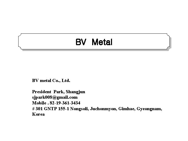 BV Metal BV metal Co. , Ltd. President Park, Shangjun sjpark 008@gmail. com Mobile.