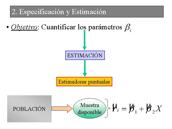 2. Especificación y Estimación • Objetivo: Cuantificar los parámetros ESTIMACIÓN Estimadores puntuales POBLACIÓN Muestra