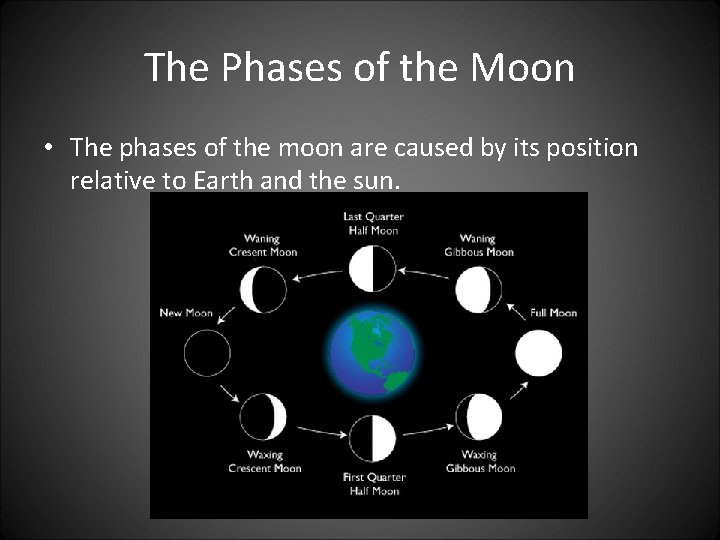 The Phases of the Moon • The phases of the moon are caused by