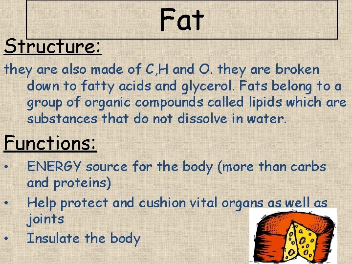 Structure: Fat they are also made of C, H and O. they are broken