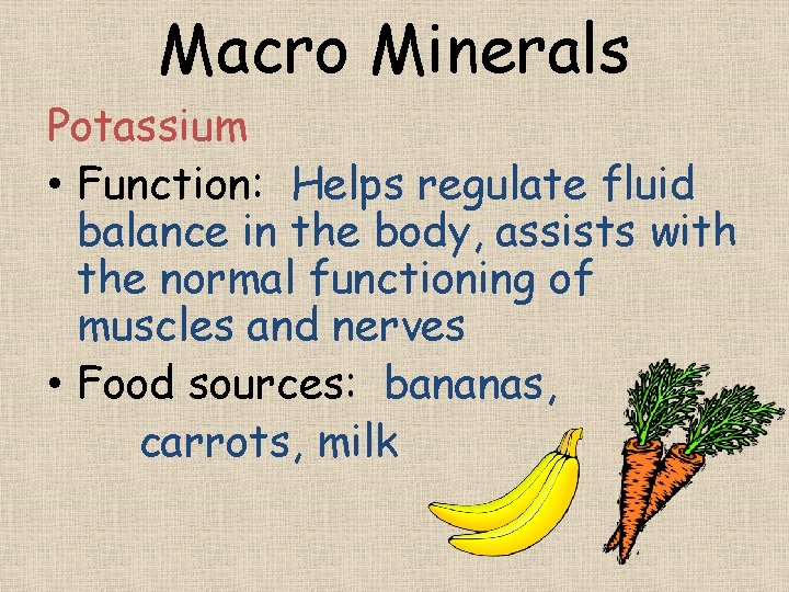 Macro Minerals Potassium • Function: Helps regulate fluid balance in the body, assists with