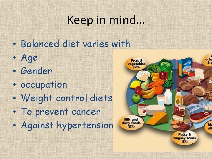 Keep in mind… • • Balanced diet varies with Age Gender occupation Weight control