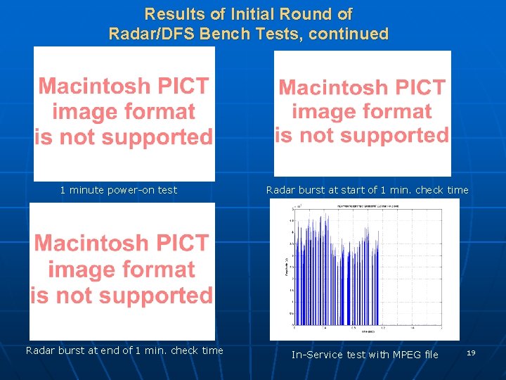 Results of Initial Round of Radar/DFS Bench Tests, continued 1 minute power-on test Radar