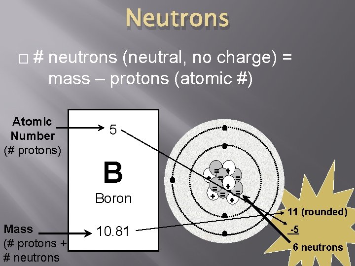 Neutrons � # neutrons (neutral, no charge) = mass – protons (atomic #) Atomic