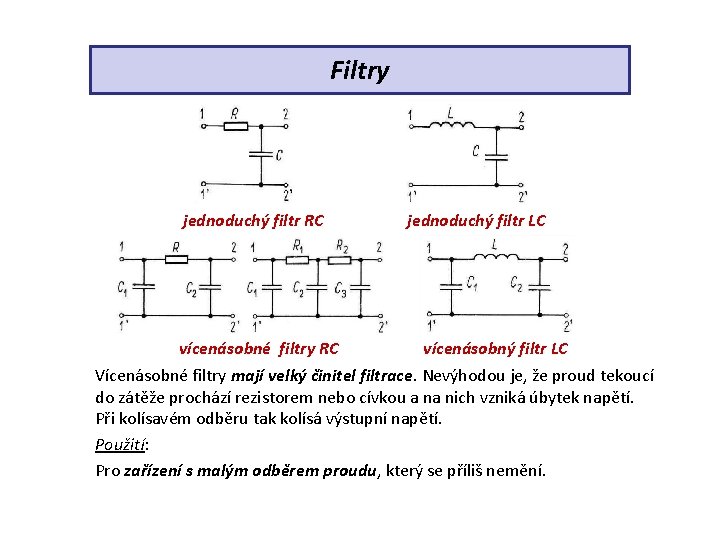 Filtry jednoduchý filtr RC vícenásobné filtry RC jednoduchý filtr LC vícenásobný filtr LC Vícenásobné