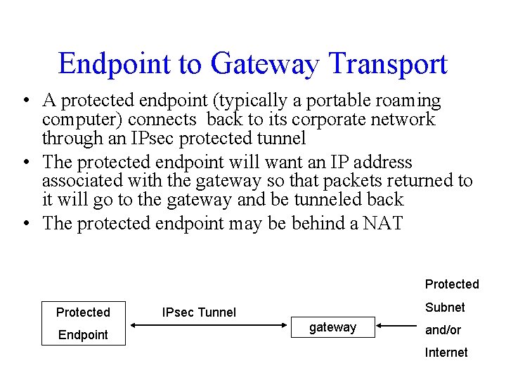 Endpoint to Gateway Transport • A protected endpoint (typically a portable roaming computer) connects