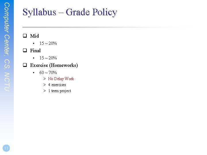 Computer Center, CS, NCTU 11 Syllabus – Grade Policy q Mid • 15 ~