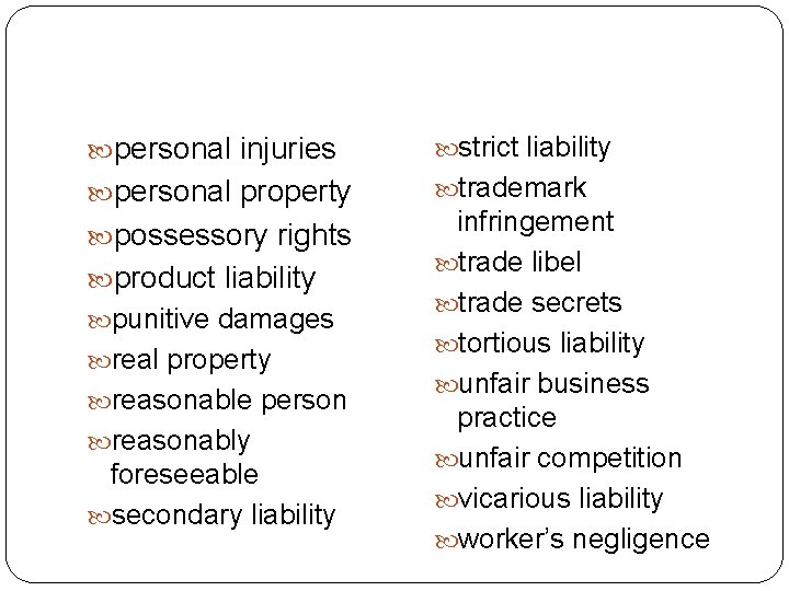  personal injuries strict liability personal property trademark possessory rights product liability punitive damages