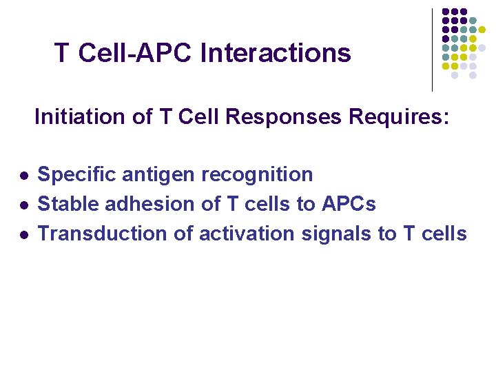 T Cell-APC Interactions Initiation of T Cell Responses Requires: l l l Specific antigen