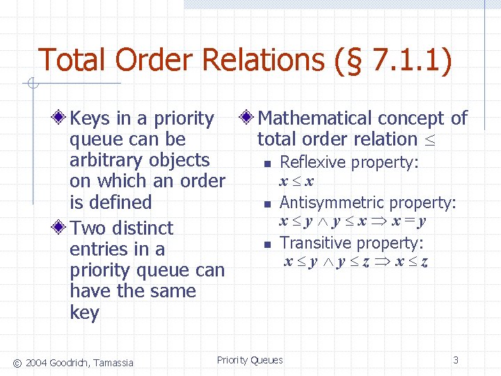Total Order Relations (§ 7. 1. 1) Keys in a priority queue can be Total Order Relations (§ 7. 1. 1) Keys in a priority queue can be