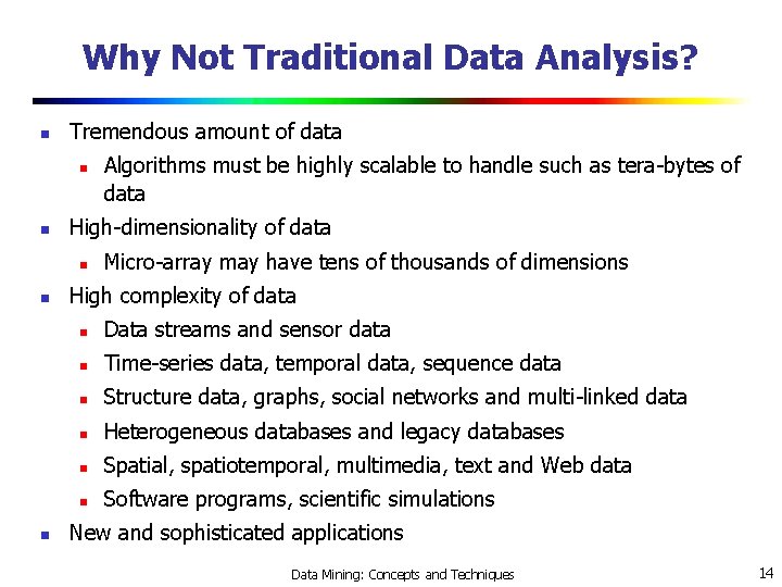 Why Not Traditional Data Analysis? n Tremendous amount of data n n High-dimensionality of