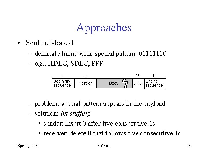 Approaches • Sentinel-based – delineate frame with special pattern: 01111110 – e. g. ,