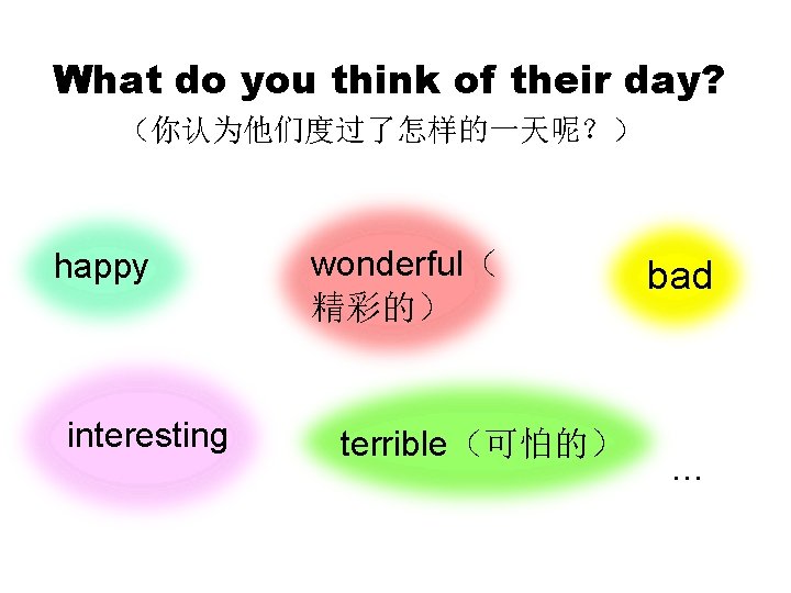 What do you think of their day? （你认为他们度过了怎样的一天呢？） happy interesting wonderful（ 精彩的） terrible（可怕的） bad