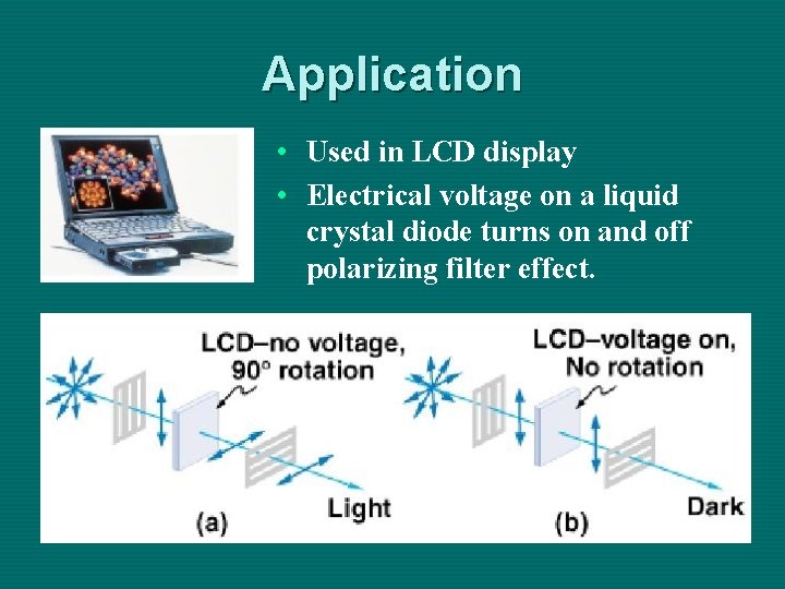 Application • Used in LCD display • Electrical voltage on a liquid crystal diode