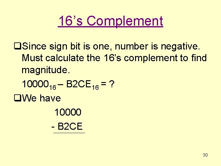 16’s Complement q. Since sign bit is one, number is negative. Must calculate the