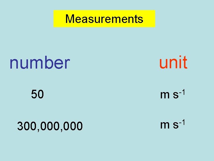 Measurements number unit 50 m s-1 300, 000 m s-1 