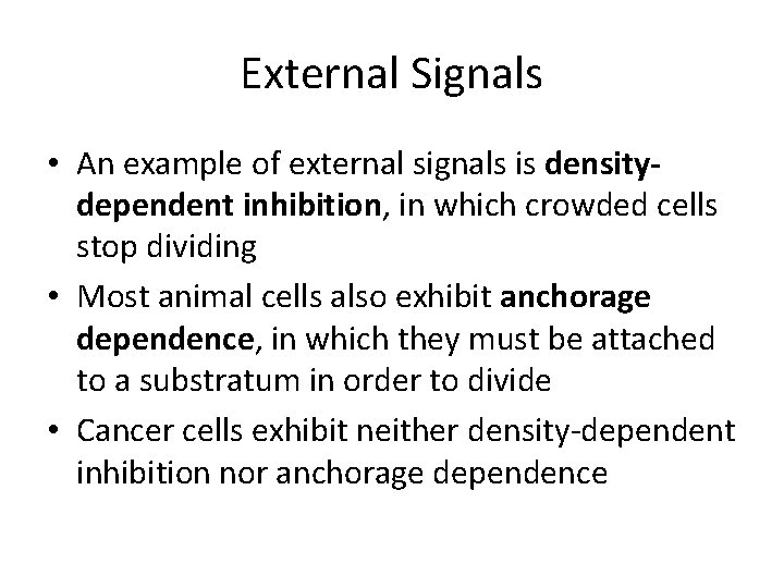 External Signals • An example of external signals is densitydependent inhibition, in which crowded