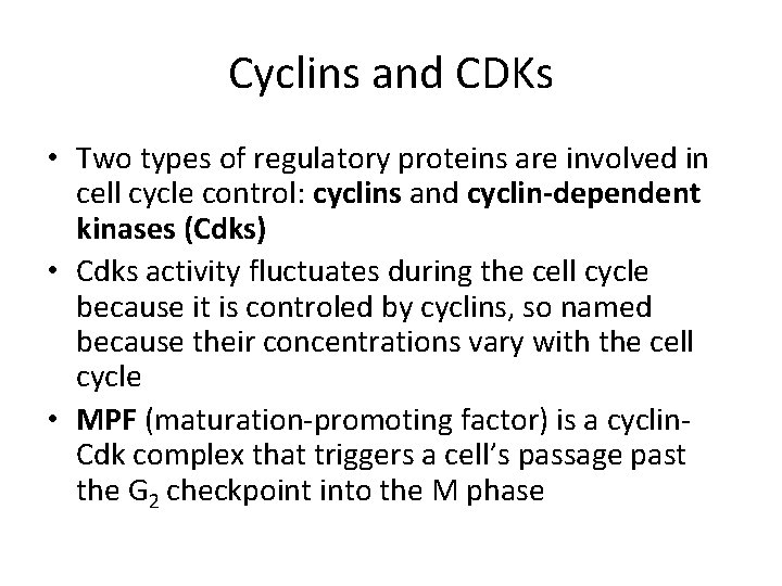 Cyclins and CDKs • Two types of regulatory proteins are involved in cell cycle