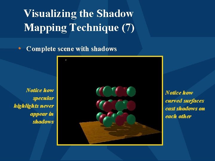 Visualizing the Shadow Mapping Technique (7) • Complete scene with shadows Notice how specular