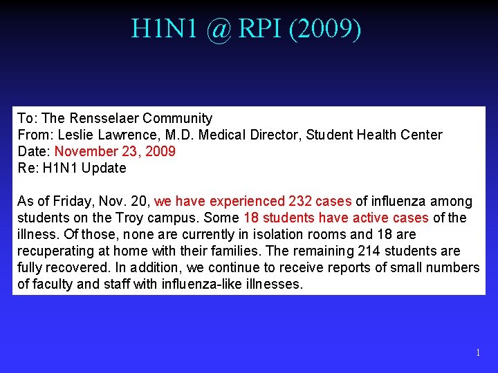 H 1 N 1 @ RPI (2009) To: The Rensselaer Community From: Leslie Lawrence,