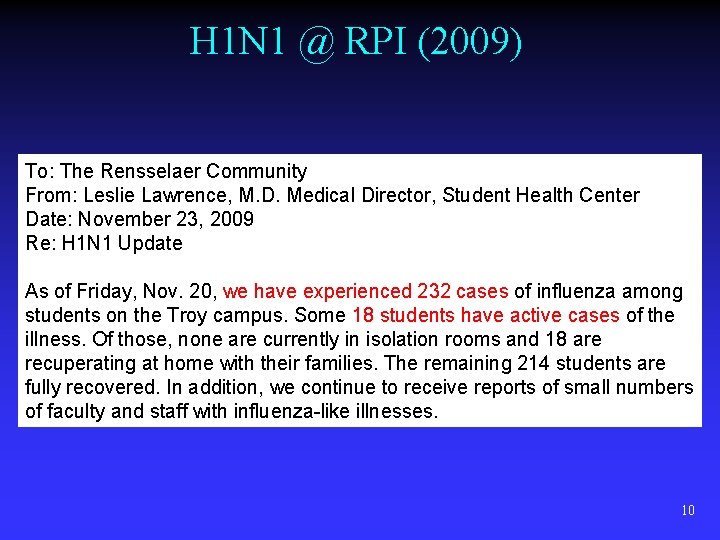 H 1 N 1 @ RPI (2009) To: The Rensselaer Community From: Leslie Lawrence,