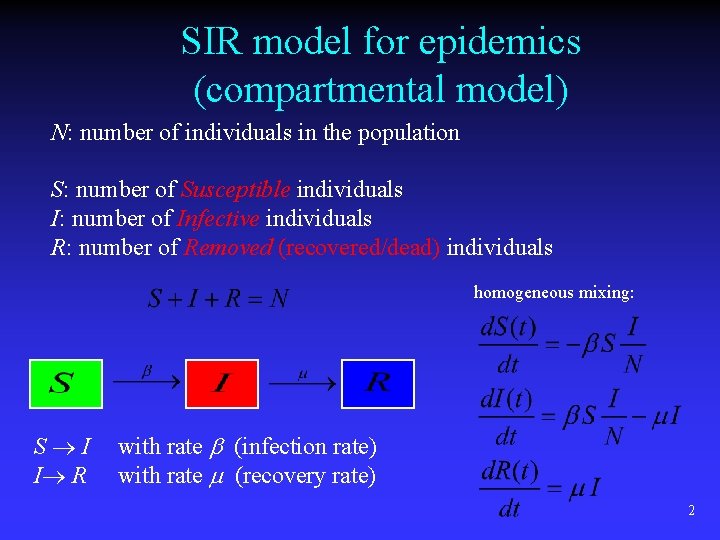 SIR model for epidemics (compartmental model) N: number of individuals in the population S: