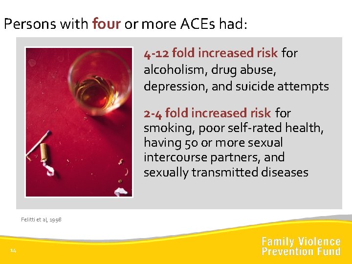Persons with four or more ACEs had: 4 -12 fold increased risk for alcoholism,