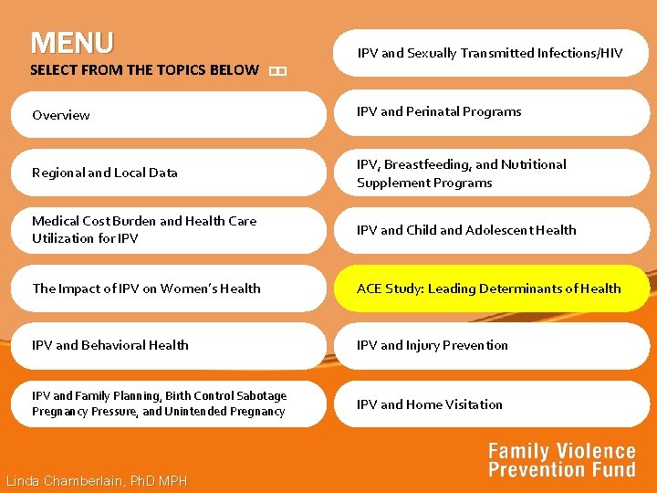 MENU SELECT FROM THE TOPICS BELOW IPV and Sexually Transmitted Infections/HIV �� Overview IPV