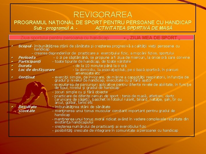 REVIGORAREA PROGRAMUL NAŢIONAL DE SPORT PENTRU PERSOANE CU HANDICAP Sub - programul A -