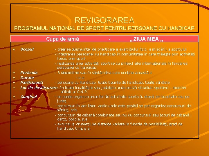 REVIGORAREA PROGRAMUL NAŢIONAL DE SPORT PENTRU PERSOANE CU HANDICAP Cupa de iarnă Scopul --